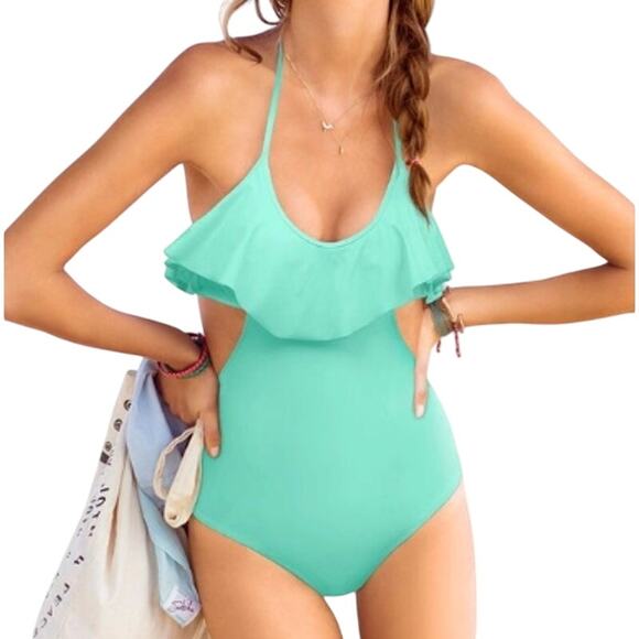Victoria's Secret Flounce Halter One Piece Swimsuit Backless Cut Out Sides - Picture 5 of 5